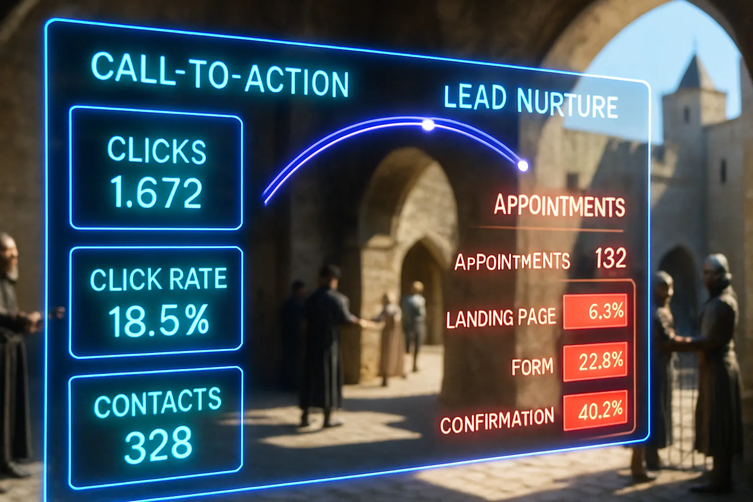 A bold electric blue and red holographic appointment-conversion dashboard fills the frame over a sunlit medieval castle courtyard where a steward directs visitors through an arched gateway.