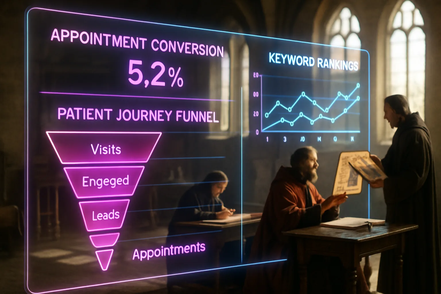 A neon holographic analytics dashboard glowing with pink and blue medical practice content marketing metrics floats over a sunlit medieval great hall where scribes present manuscripts to a seated lord.