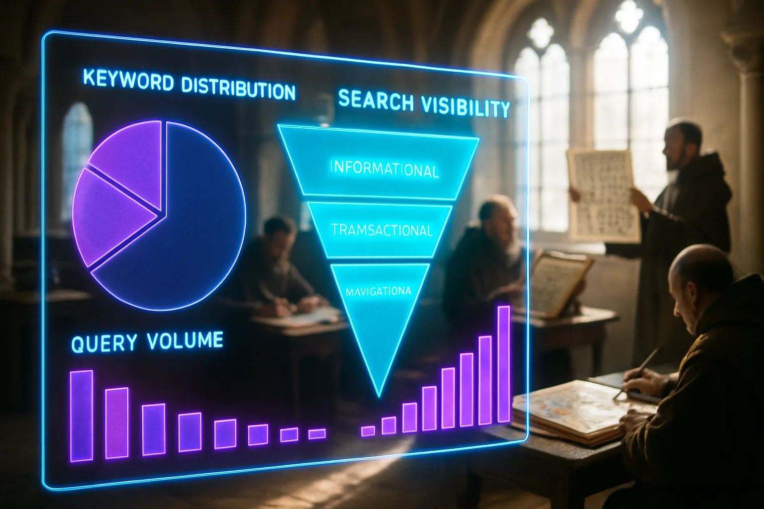 A vivid violet and turquoise neon HUD displaying search visibility and keyword distribution charts, with a sunlit medieval scriptorium visible through the glowing panels.