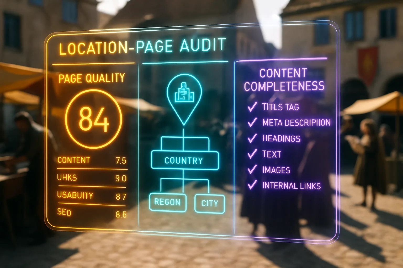 An orange and cyan neon holographic dashboard showing location-page audit scores and geo-targeting diagrams, with a busy sunlit medieval market square blurred behind the glowing screens.