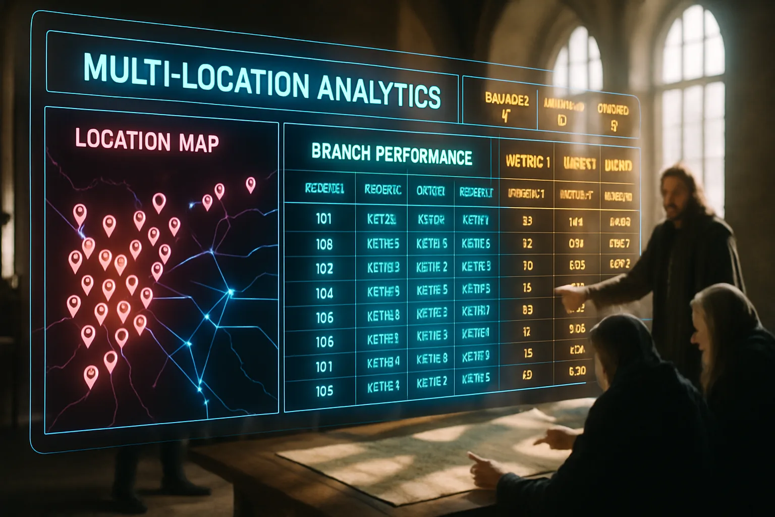 A neon holographic franchise analytics HUD showing branch network maps and ranking data, illustrating a multi-location SEO strategy for South African franchise groups.