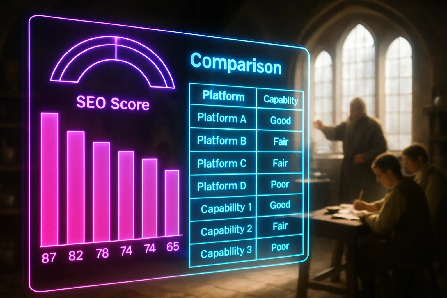 A neon holographic platform comparison SEO dashboard glowing in hot pink and electric blue fills the frame, with a sunlit medieval guild hall visible softly behind the panels.