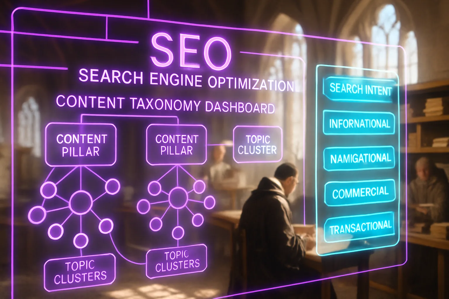 A neon holographic dashboard glowing in violet, turquoise, and magenta displays content taxonomy diagrams, with a sunlit medieval scriptorium and manuscript-writing monks softly visible behind the glowing panels.