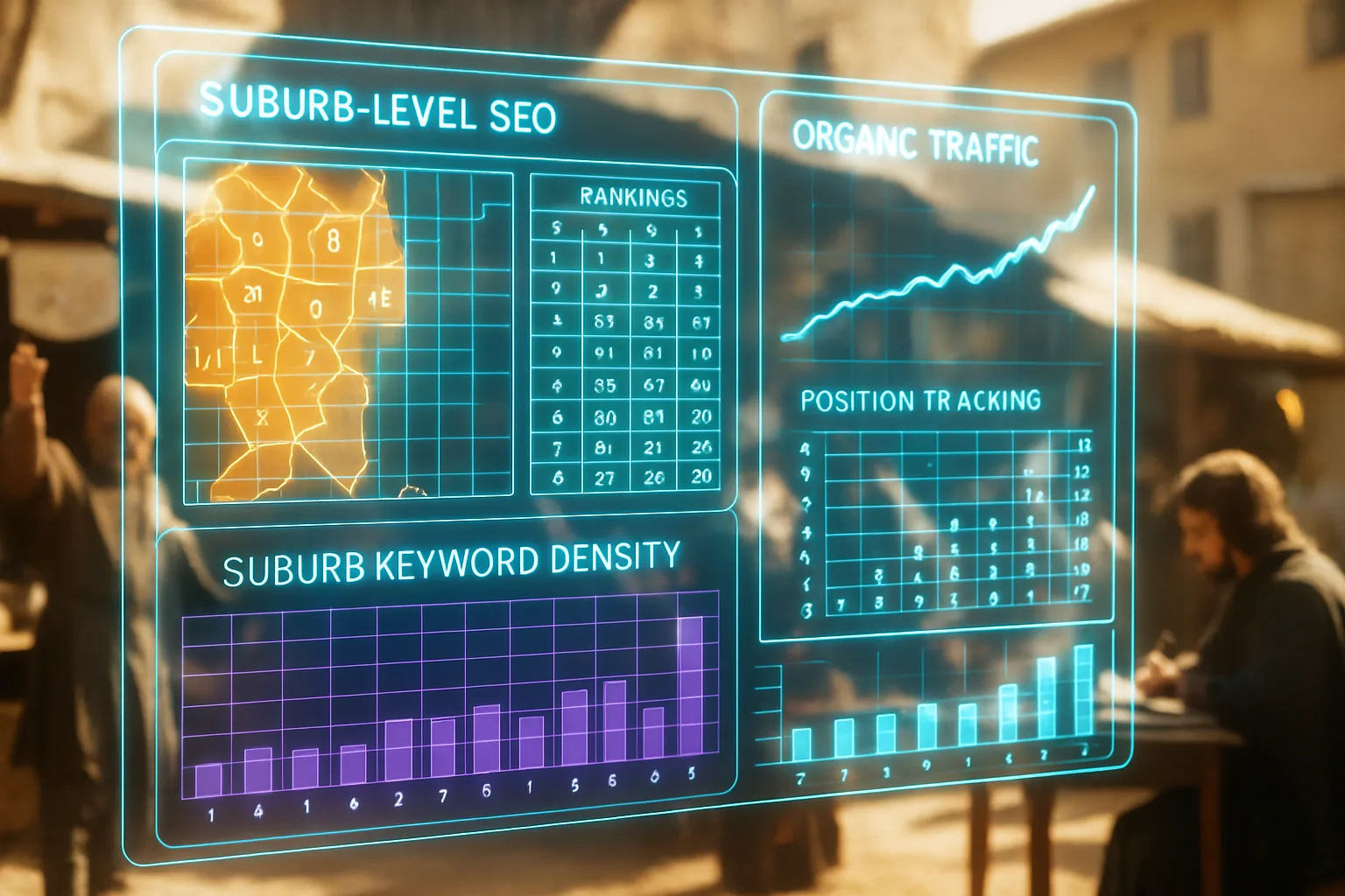 A neon holographic local SEO dashboard glowing in orange, cyan, and deep purple displays suburb-level ranking heat maps, with a sunlit medieval market square full of merchants and buyers softly blurred behind the panels.