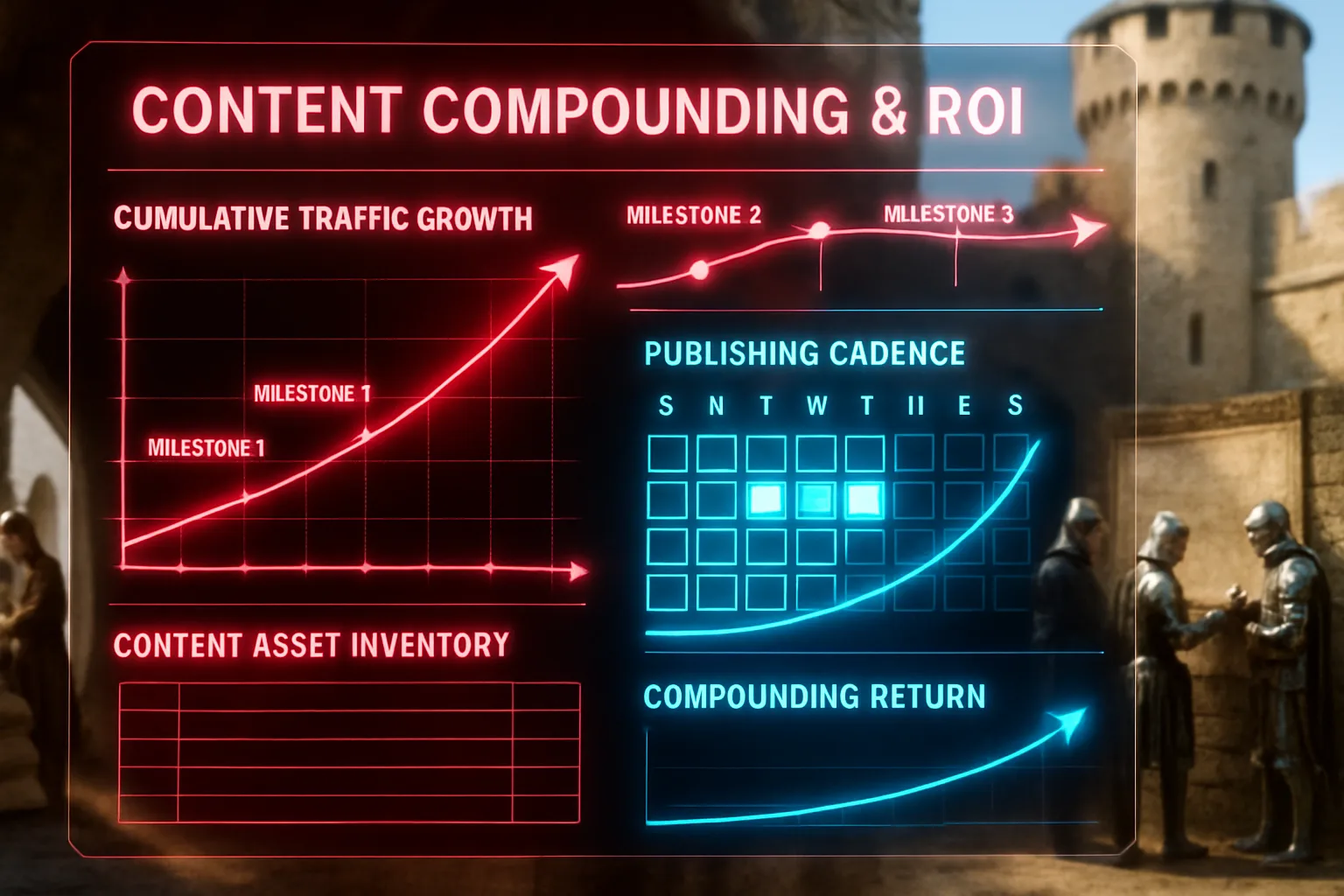 A neon holographic ROI and compounding growth dashboard glowing in red, electric blue, and magenta displays content performance timelines, with a sunlit medieval castle courtyard and estate stewards softly visible behind the panels.