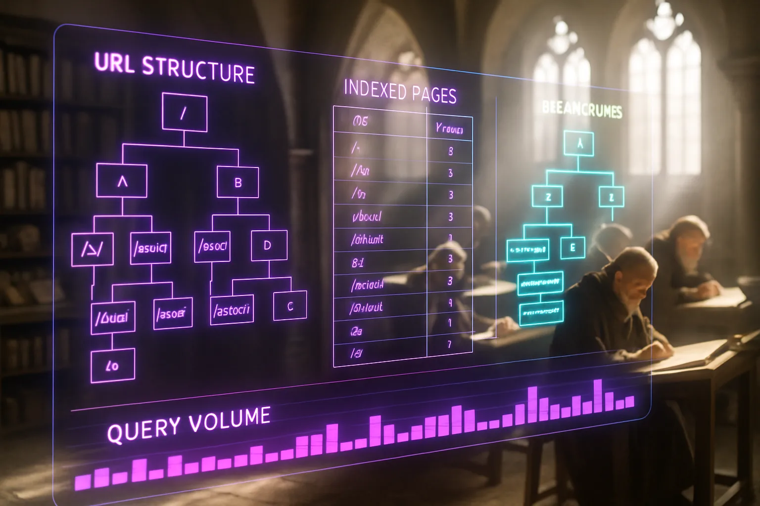 A neon holographic URL-structure dashboard in violet, turquoise and magenta fills the frame, with a bright sunlit medieval scriptorium full of monks and manuscripts softly blurred behind it.
