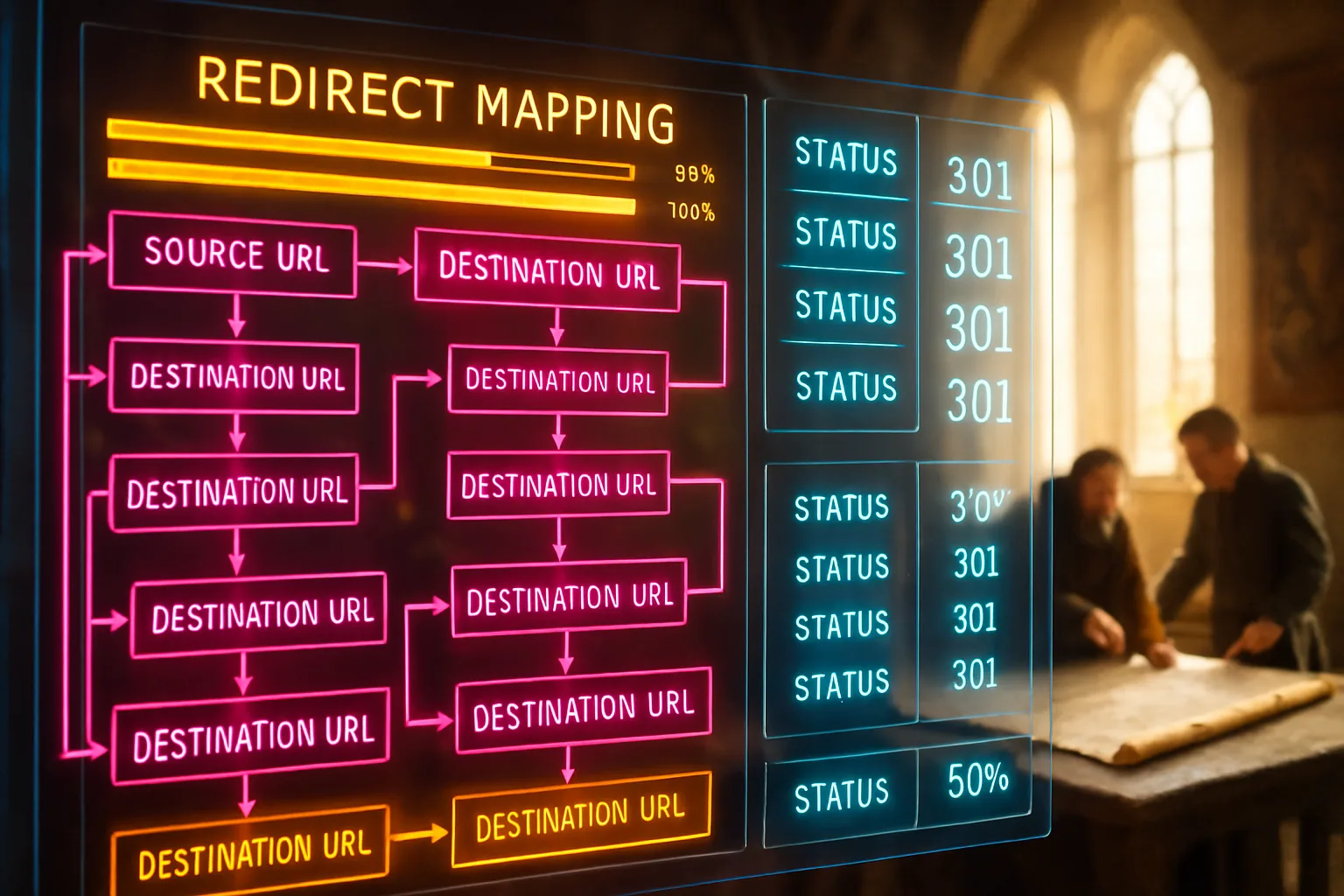 A neon holographic redirect mapping dashboard glowing in hot pink, electric blue and amber gold fills the frame, with a sunlit medieval great hall softly visible behind the panels.