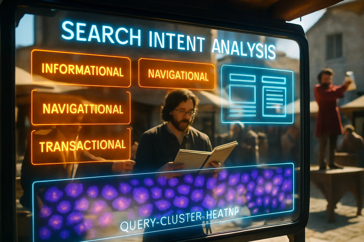 A neon orange and cyan holographic intent-analysis dashboard with adaptive wireframe previews glows in the foreground while a sunlit medieval market square bustles behind it with merchants and shoppers comparing different layout arrangements.
