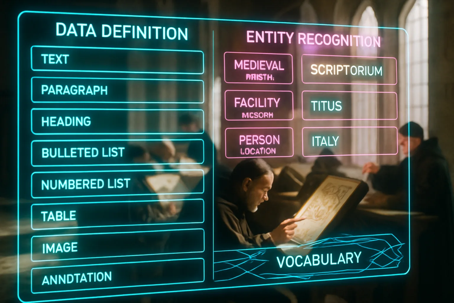 A neon holographic dashboard in cyan, magenta and turquoise glows over a softly blurred sunlit medieval scriptorium where monks label and annotate manuscripts at their desks.