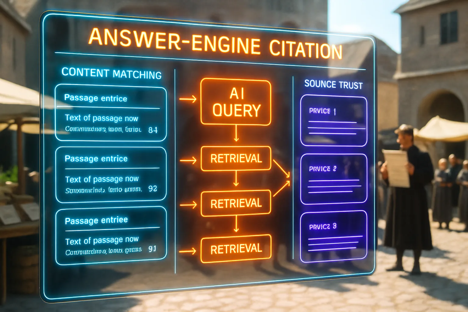 A neon holographic citation and retrieval dashboard in orange, electric blue and violet glows over a softly blurred sunlit medieval market square where traders display labelled goods and a herald reads a proclamation.