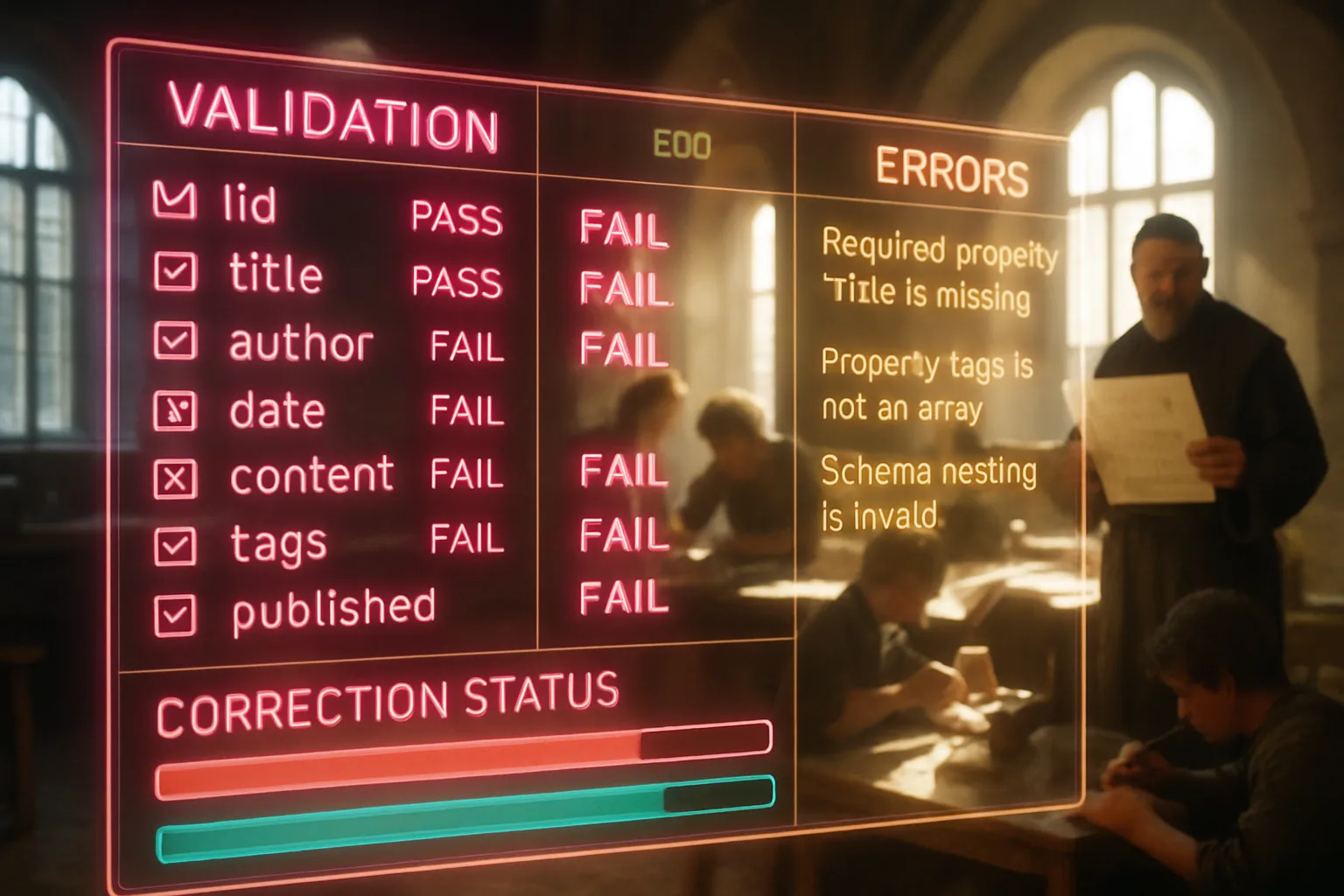 A neon holographic validation dashboard in hot pink, amber gold and turquoise glows over a softly blurred sunlit medieval guild hall where a master craftsman inspects work against quality standards while apprentices correct errors.