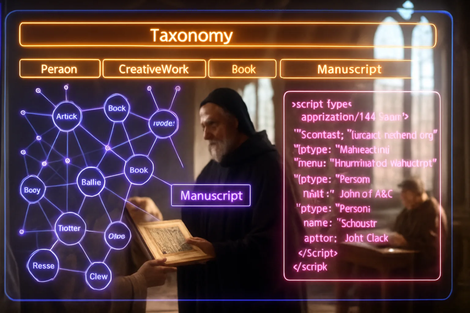 A neon holographic schema dashboard glowing in violet, pink and amber dominates the frame, illustrating structured data for AI citation and entity labelling strategies.