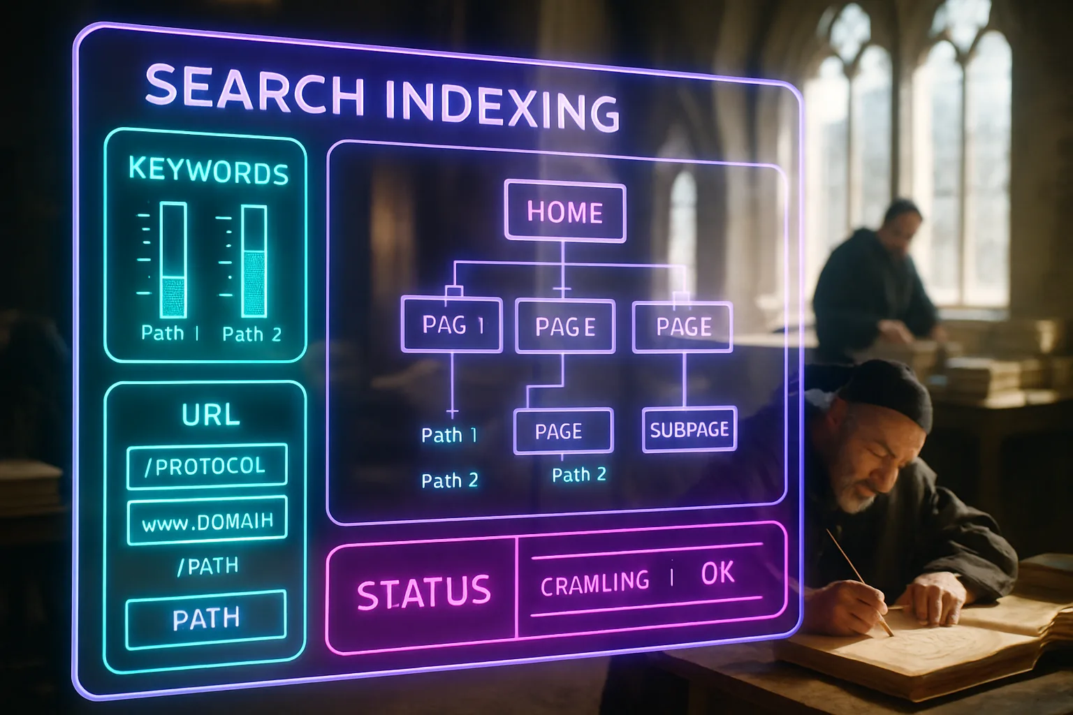 A violet and turquoise neon holographic indexing dashboard fills the foreground with URL anatomy diagrams, while a bright medieval scriptorium with scholars annotating manuscripts is softly blurred behind it.
