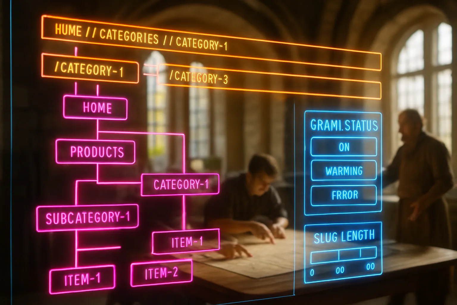 A neon holographic URL structure SEO dashboard glows in the foreground, displaying crawl paths and slug metrics, while a sunlit medieval guild hall with craftspeople studying route maps is visible behind it.