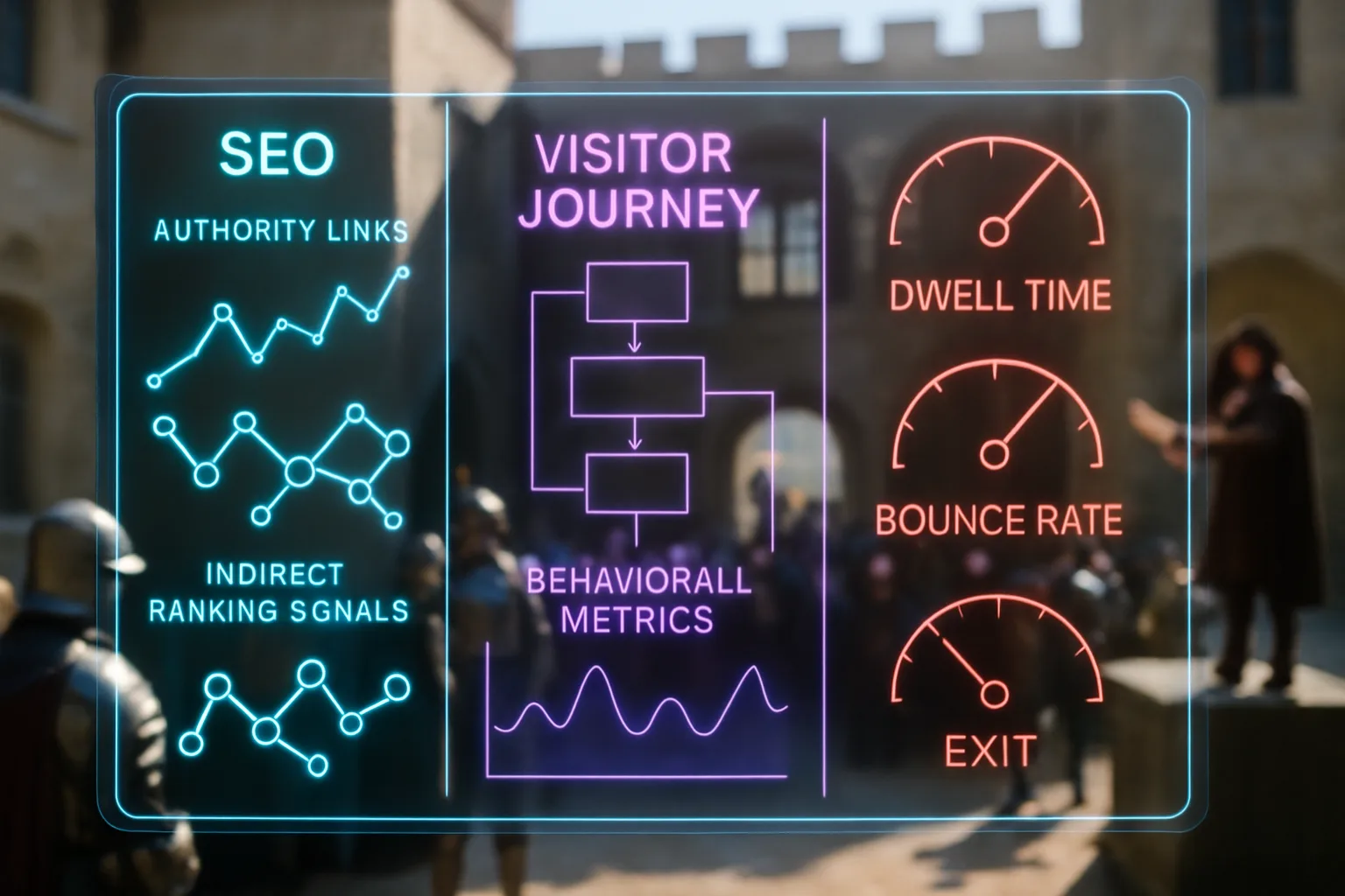 A cyan, purple and red neon holographic dashboard showing SEO authority graphs and visitor-journey maps glows in front of a sunlit medieval castle courtyard where a herald reads a proclamation to assembled knights and courtiers.