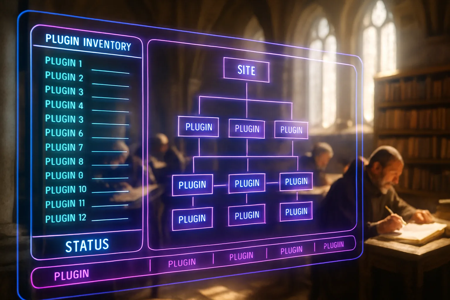 A neon holographic dashboard showing plugin dependency tree diagrams in violet and turquoise fills the frame, with a bright sunlit medieval scriptorium and monks writing manuscripts visible softly behind it.