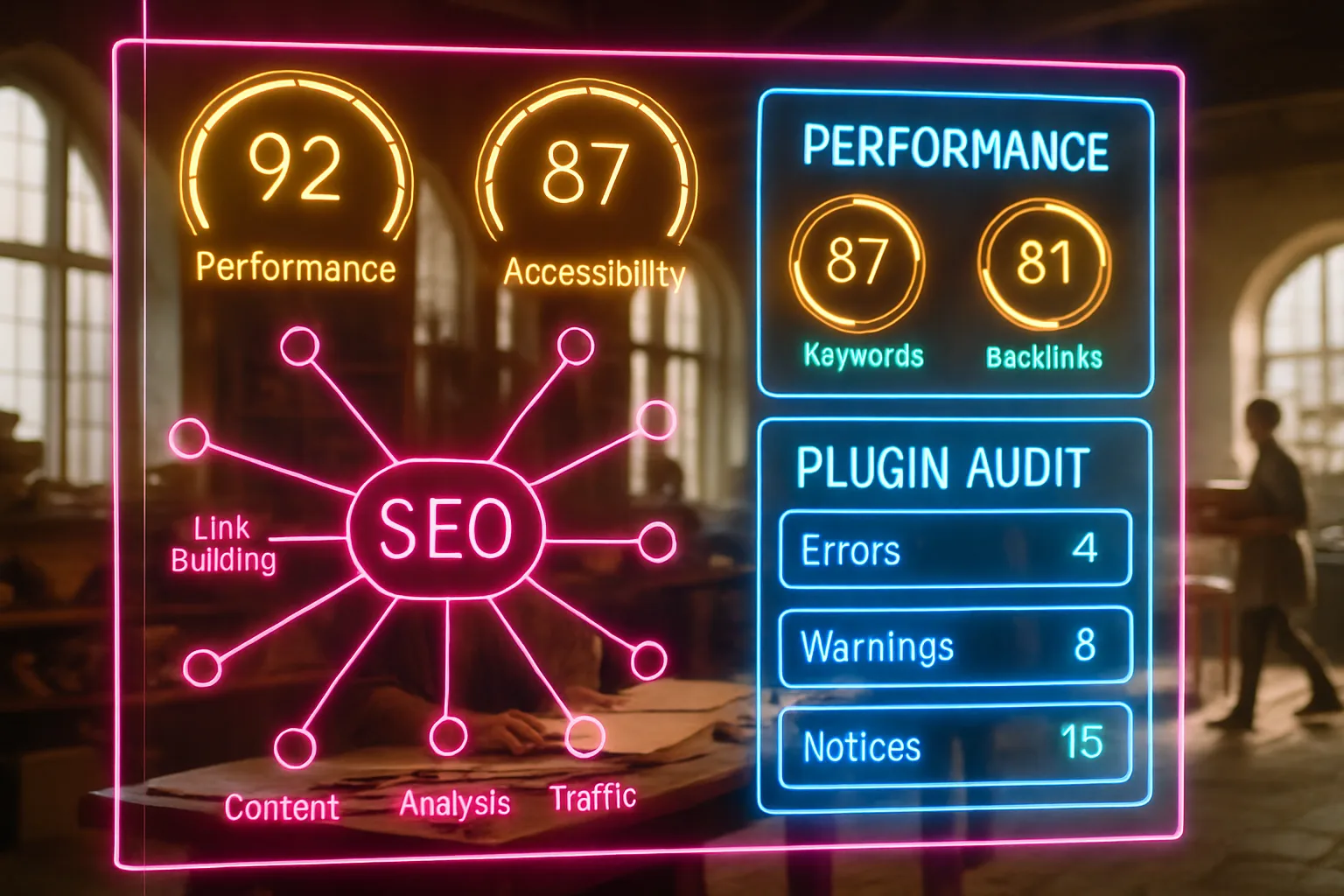 A neon holographic SEO dashboard displaying WordPress plugin dependency graphs and audit panels glows in the foreground while a sunlit medieval guild hall with craftsmen and scrolls is visible behind it.