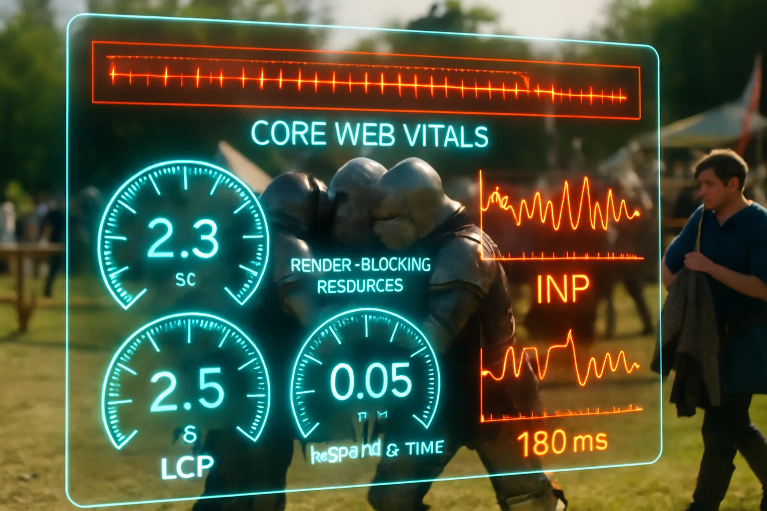 A neon cyan and orange Core Web Vitals HUD dominates the frame with render-blocking and LCP metrics glowing sharply, while behind it a bright sunlit medieval tournament field shows over-armoured knights struggling under excess weight.