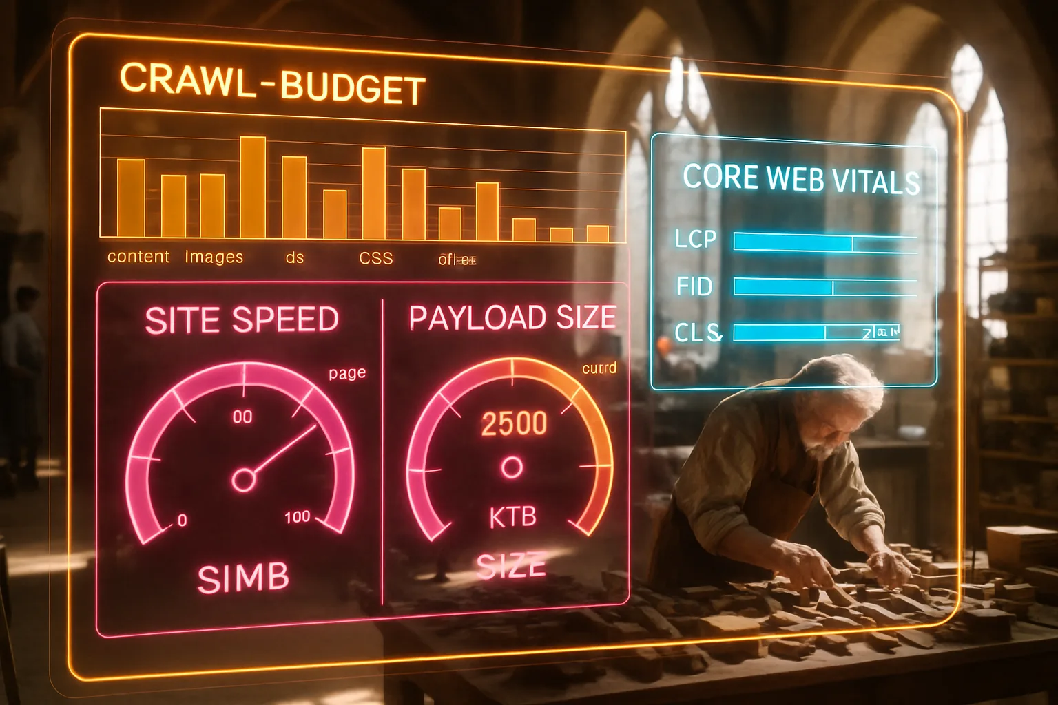 A neon holographic SEO performance dashboard glowing with hot pink and electric blue panels overlays a sunlit medieval guild hall, illustrating how WordPress bloat burdens site speed and crawl efficiency.