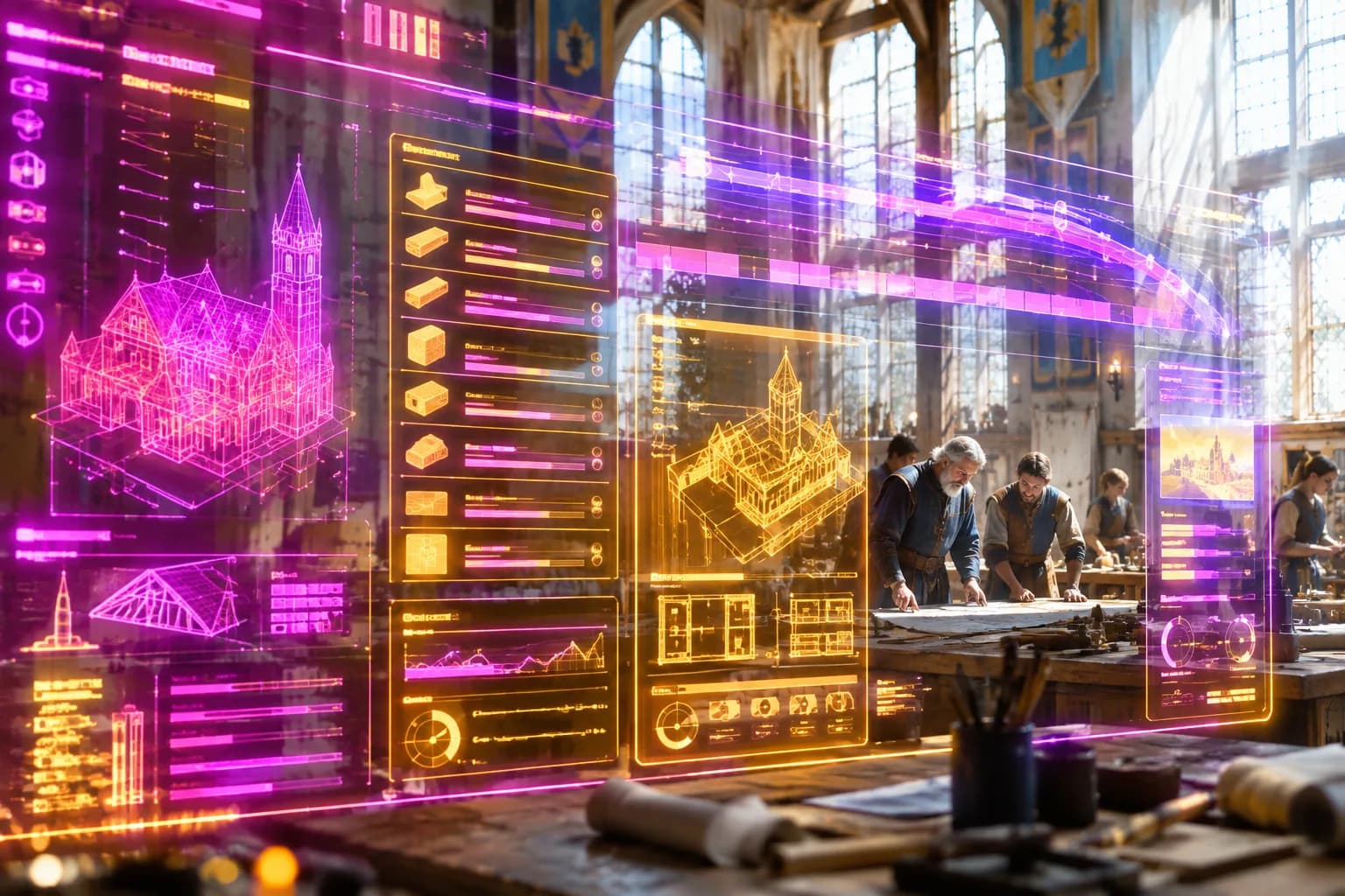 A magenta and amber neon build-specification dashboard with component checklists glows over a bright sunlit medieval guild hall where master craftsmen review architectural drawings.