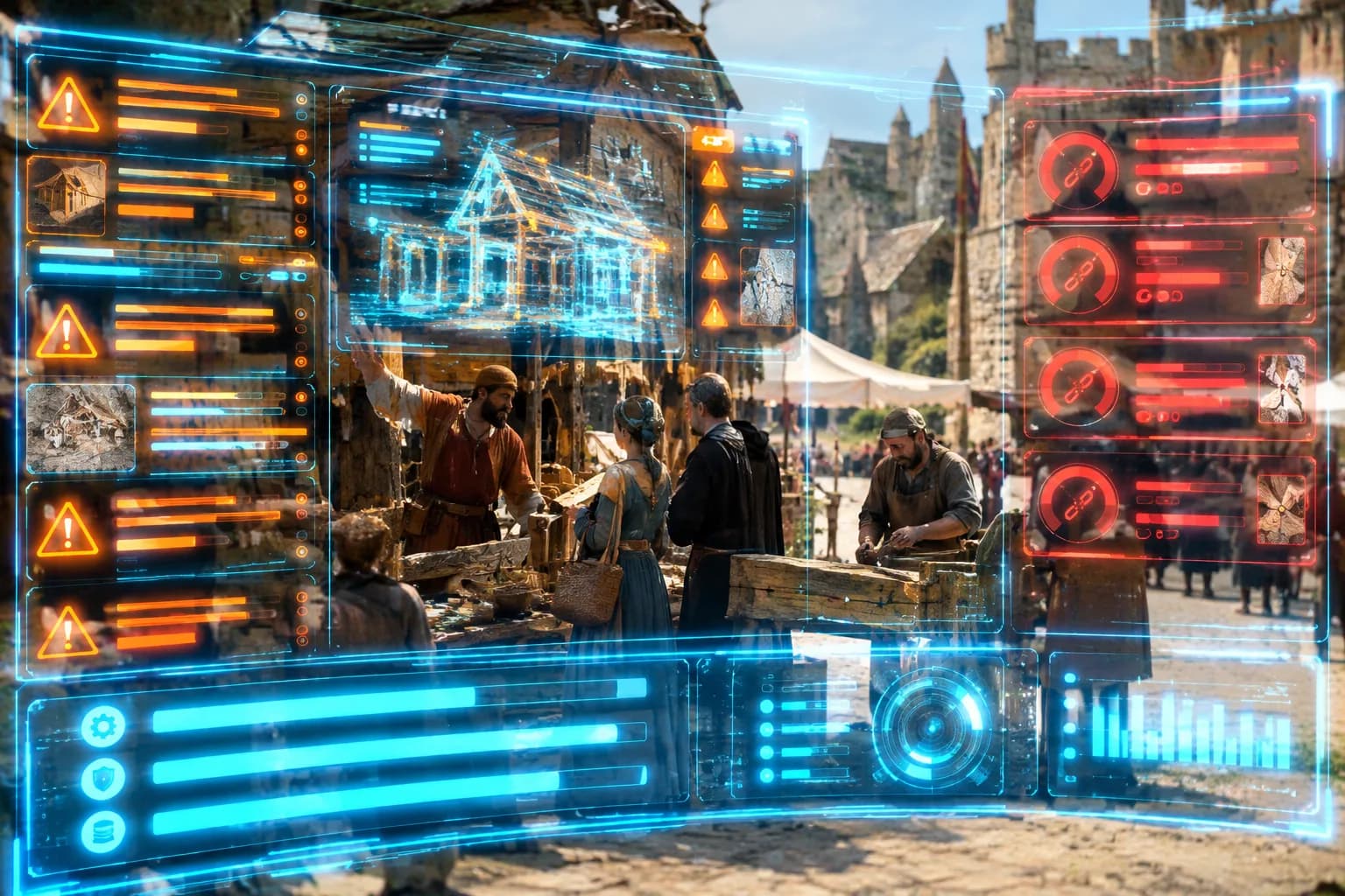 An orange and cyan neon audit dashboard with warning flags and broken-link counters glows over a bright sunlit medieval market square where a merchant inspects ageing stall timbers.