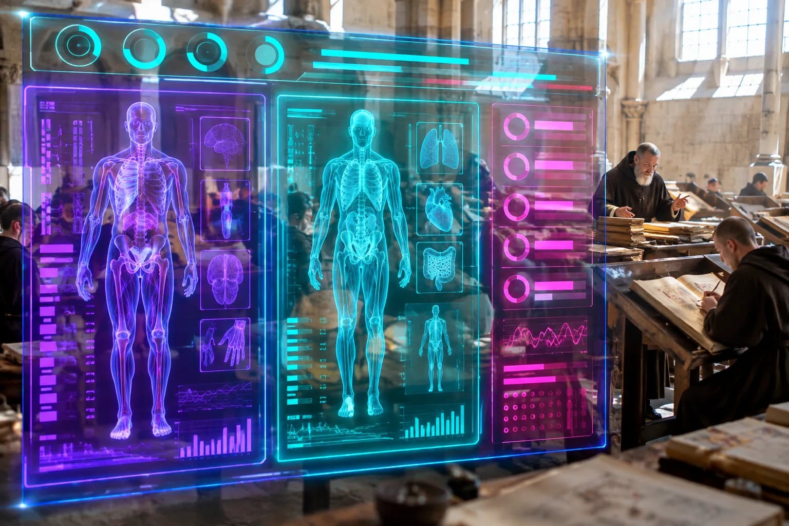 A violet and turquoise neon HUD showing a dual-column site classification interface glows over a bright sunlit scriptorium where monks work at writing desks.