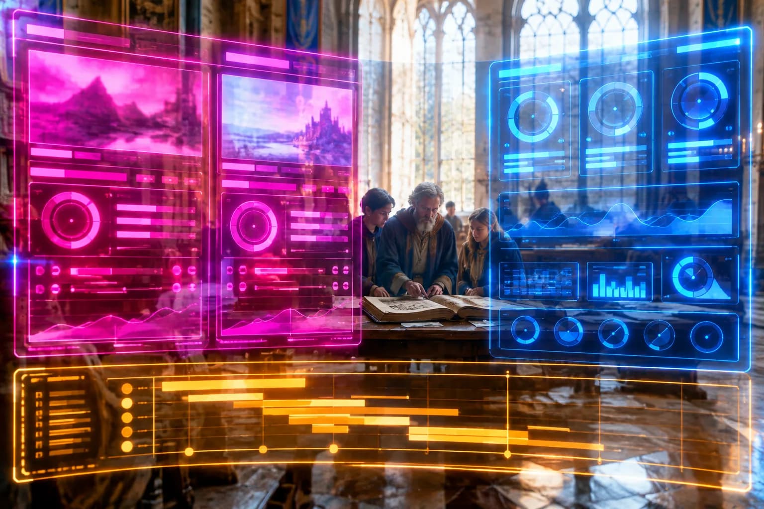 A neon holographic HUD displaying a modern vs legacy website diagnostic dashboard glows over a sunlit medieval great hall where a scholar compares two manuscripts.