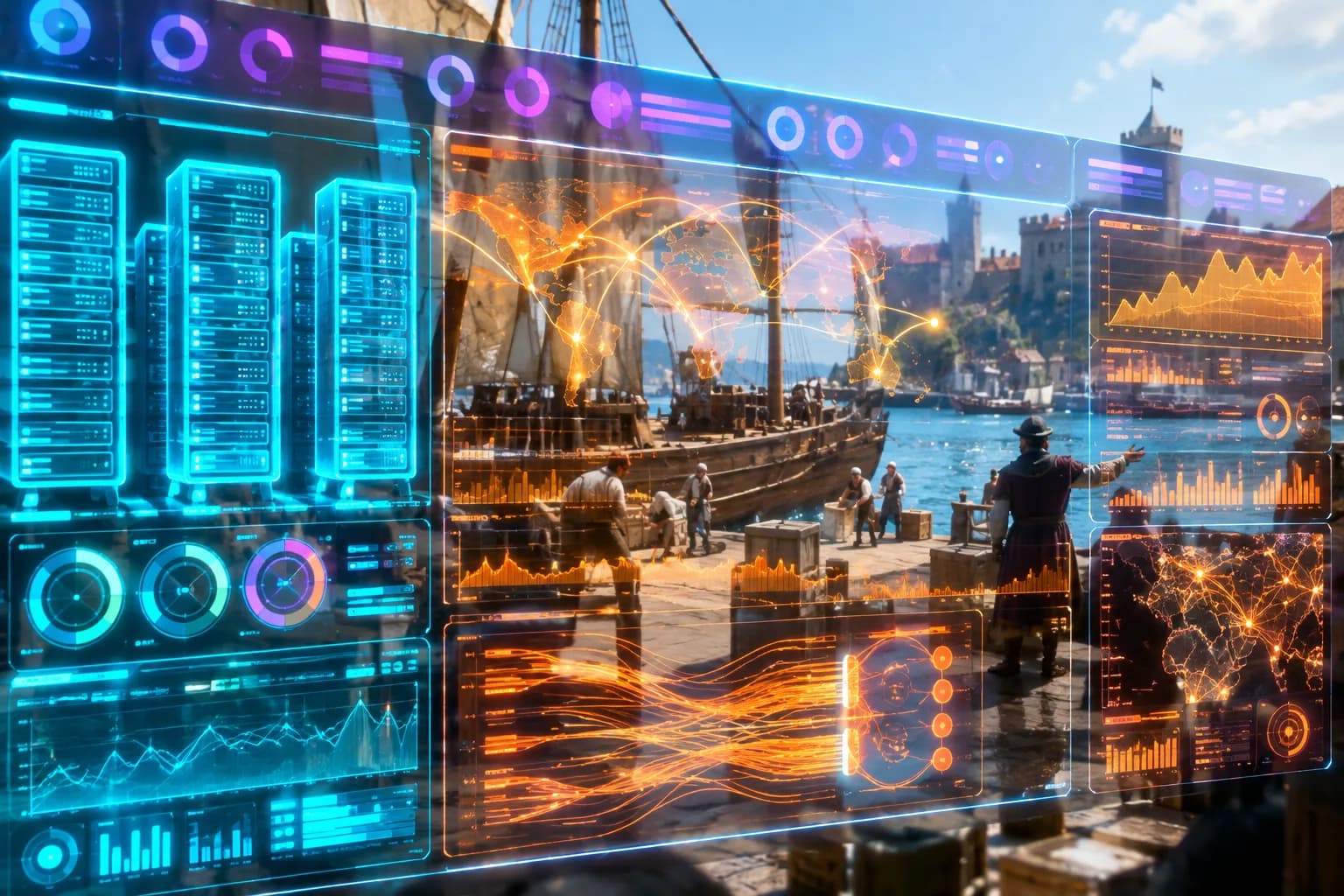 A cyan and orange neon holographic hosting dashboard with server diagrams and uptime gauges glows in the foreground, with a sunlit medieval harbour dock and workers unloading cargo visible behind it.