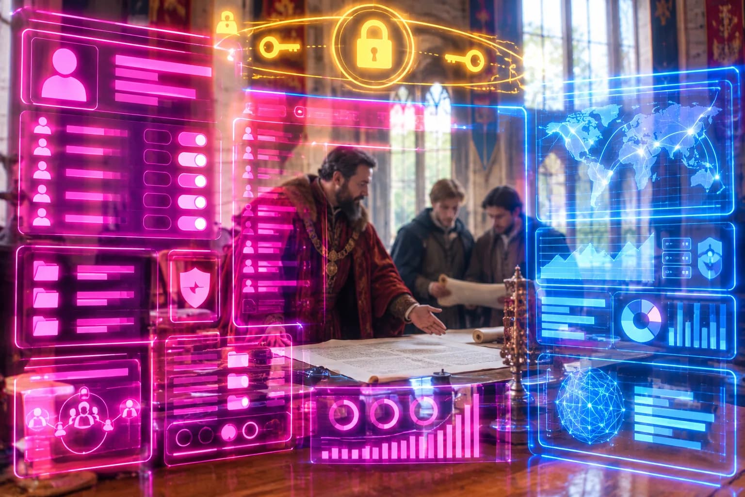 A neon holographic dashboard of credentials, domain panels, and permission controls glows in the foreground, illustrating the concept of website ownership with a sunlit medieval great hall visible behind it.