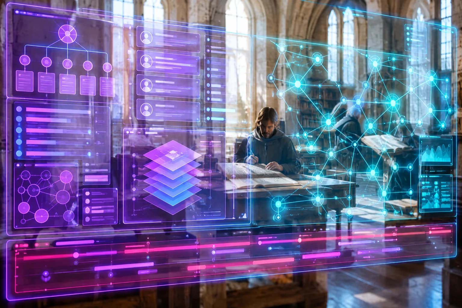 A violet and turquoise neon holographic interface showing layered information panels and network diagrams glows in the foreground, with a sunlit medieval scriptorium and scribes working on documents visible behind it.