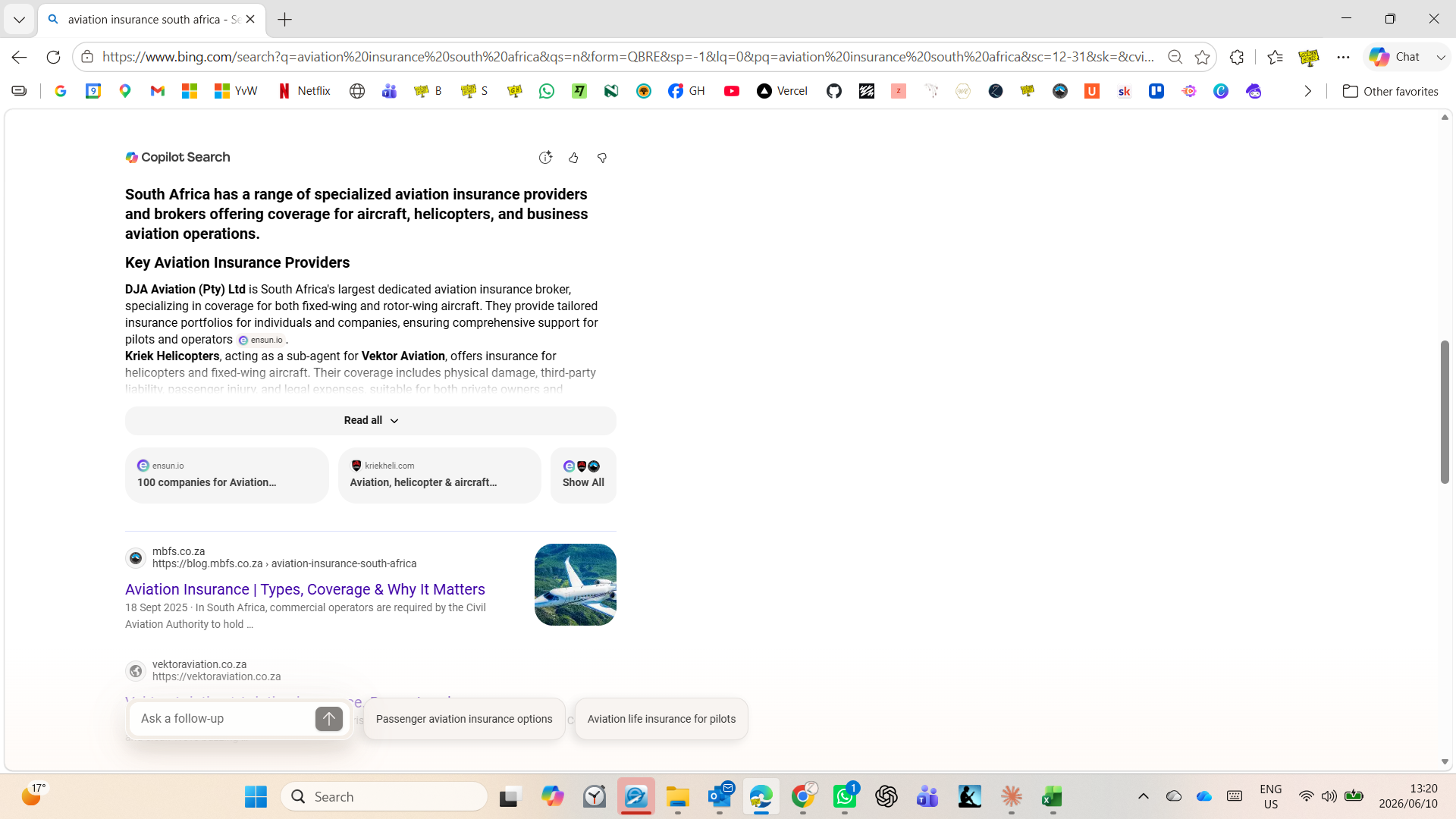 Bing Copilot search result for aviation insurance south africa with MBFS ranked first organic