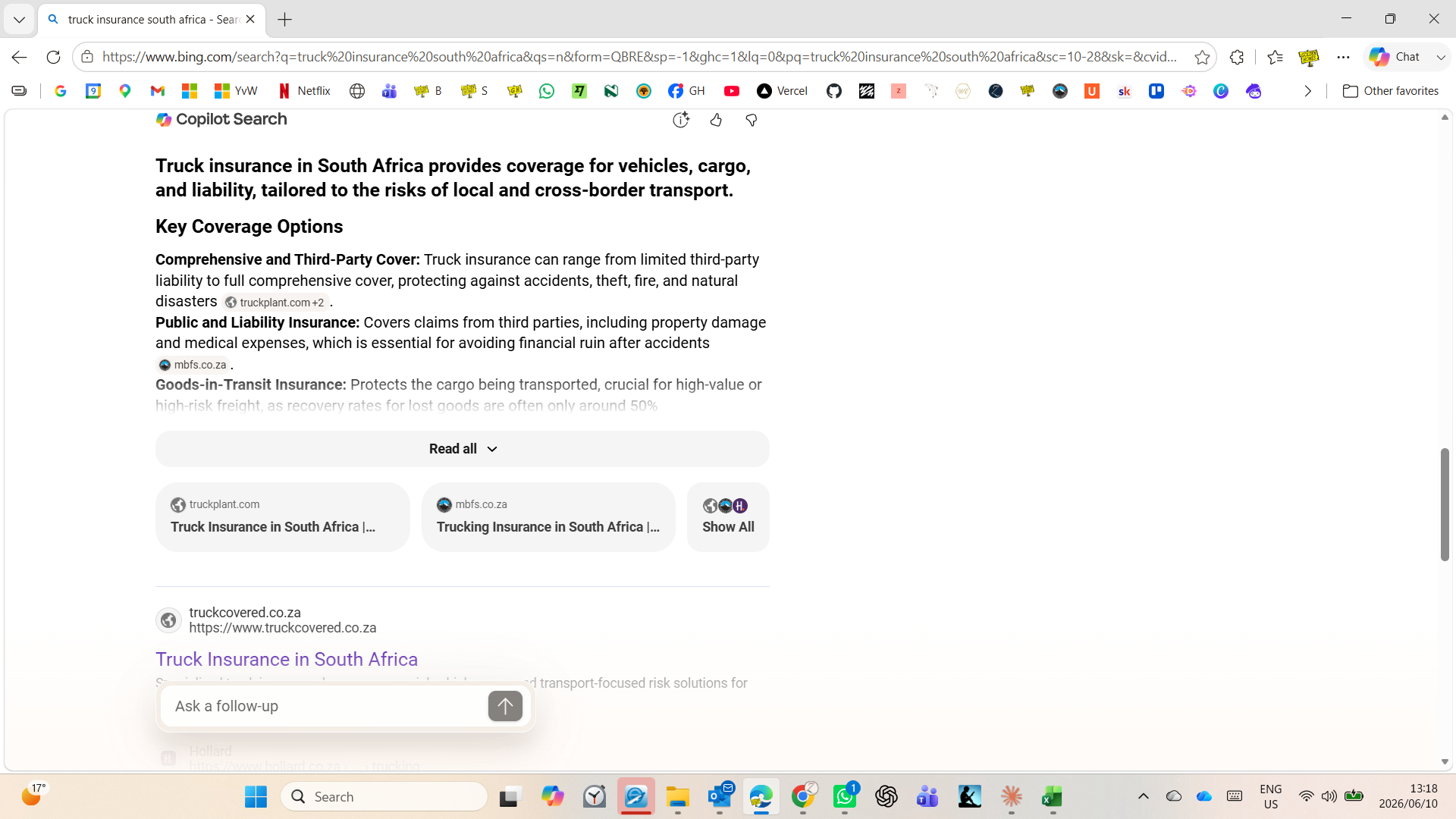 Bing Copilot citing MBFS for truck insurance south africa