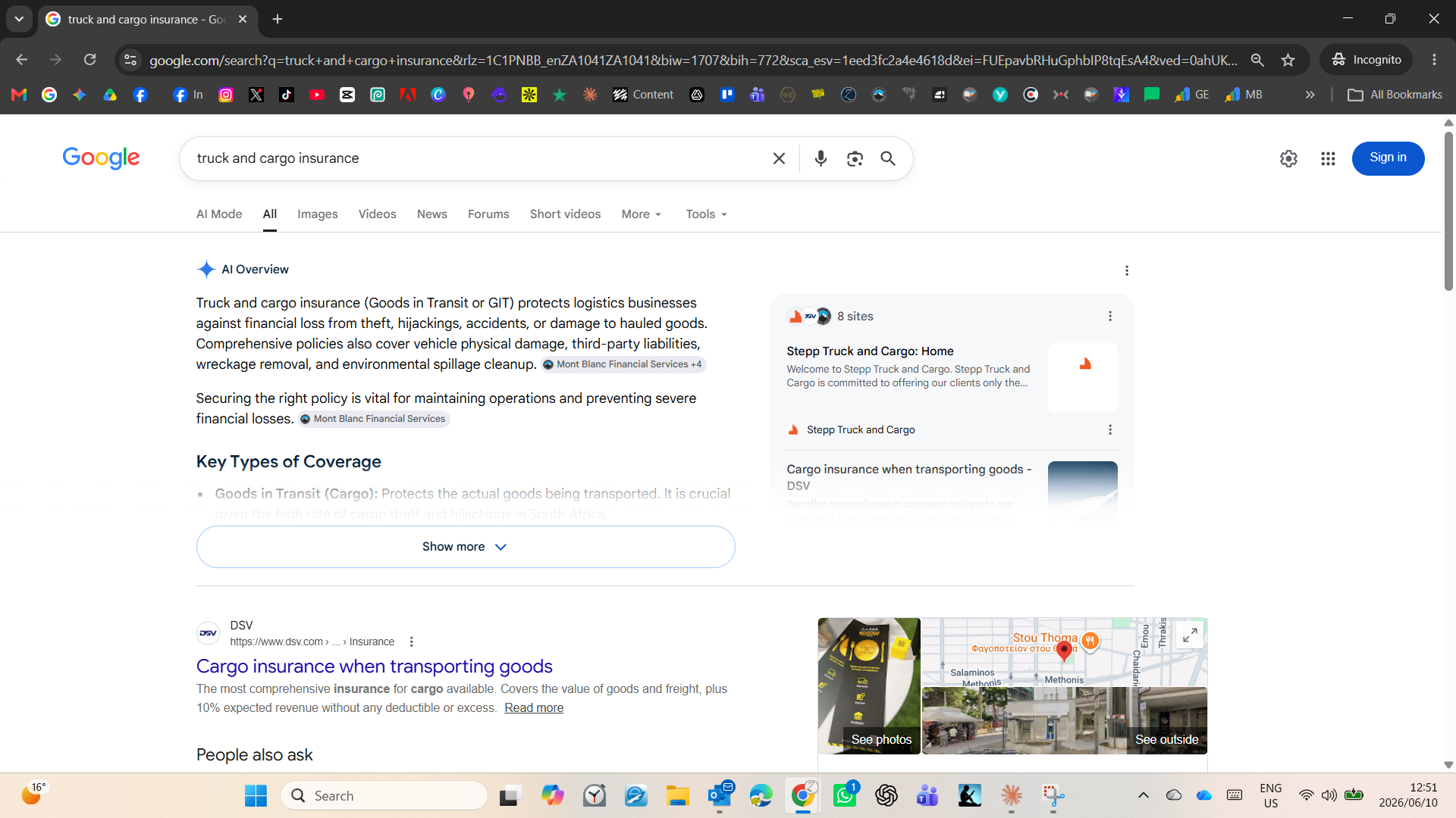 Google AI Overview for truck and cargo insurance citing MBFS