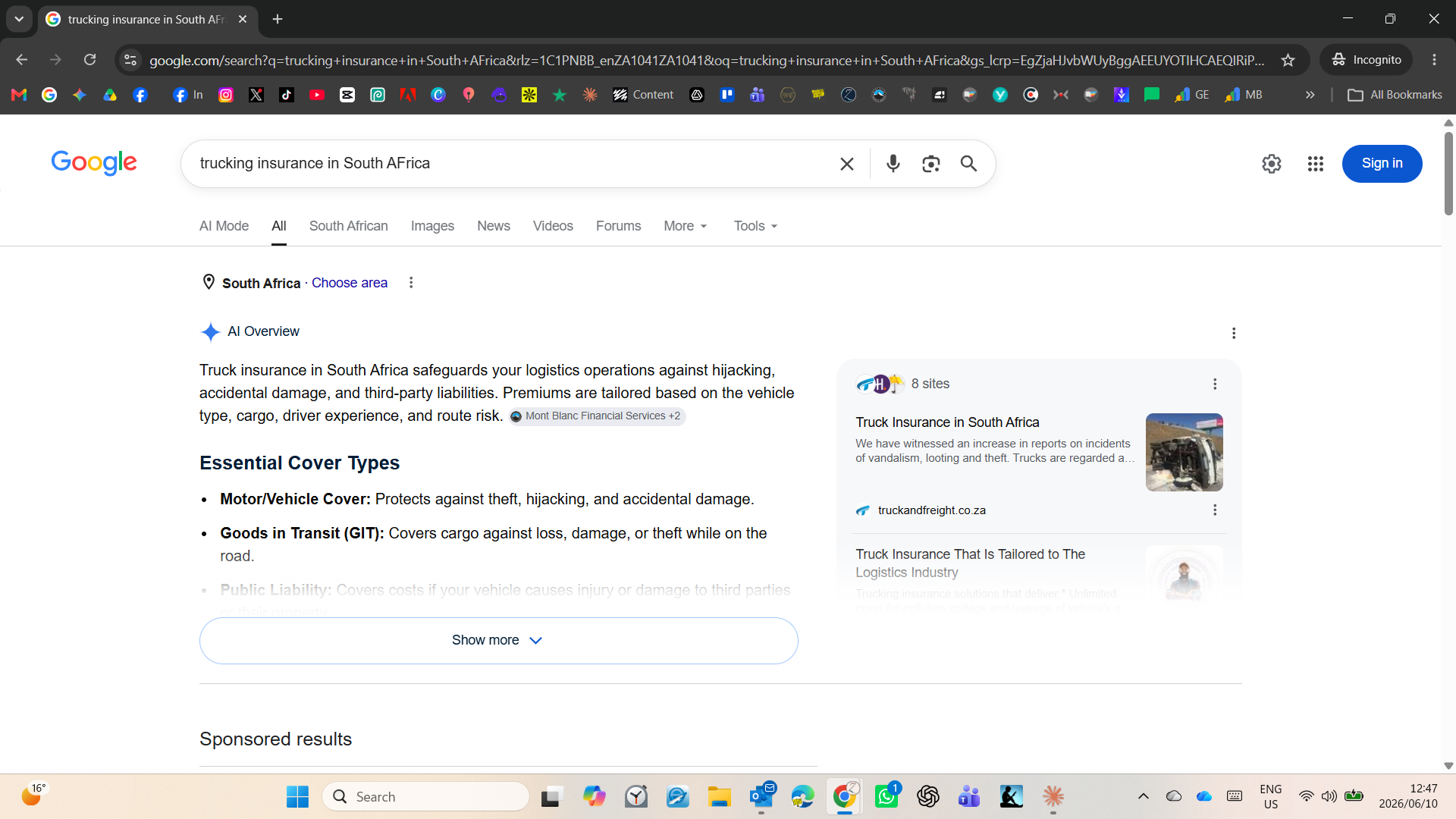 Google AI Overview for trucking insurance in South Africa citing MBFS